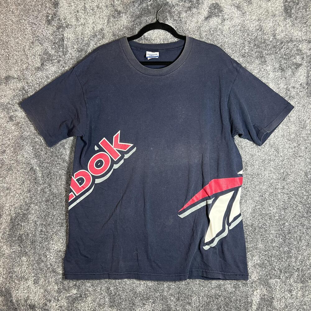 Reebok Shirt Mens L Blue Diagonal Graphic Logo Big Side Print Sport Tee